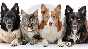 Assorted cats and dogs in high quality studio portrait on white background with copy space