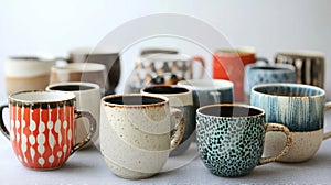 Assorted ceramic coffee mugs in various designs