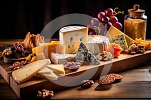 assorted cheese platter on rustic wooden board