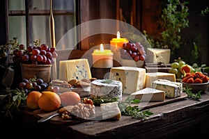 assorted cheese platter on rustic wooden table