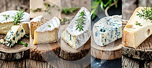 Assorted cheese products collage with segmented white lines and bright lighting arrangement photo