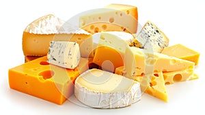 Assorted cheese selection stacked on isolated white background for culinary presentations