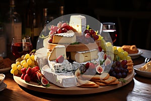 Assorted cheese types displayed appetizingly on wooden table for culinary delights and tastings