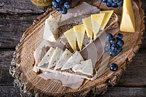 Assorted cheeses with grapes, bread, honey. Goat cheese. wooden board. Italian appetizer. bruschetta. Breakfast concept