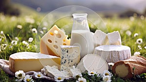 Assorted Cheeses and Milks on Grass
