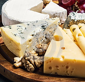 Assorted cheeses with mold, Maasdam, Roquefort, brie and others