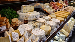 Assorted cheeses such as Parmesan, Camembert, Cheddar, Roquefort, Dorblu on a store counter photo