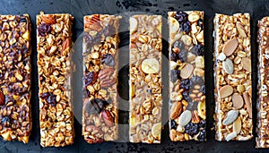 Assorted chewy granola bars presenting diverse flavors and mix ins in a neat row for comparison photo