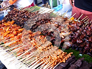 Assorted chicken and pork innards barbecue sold at street food carts