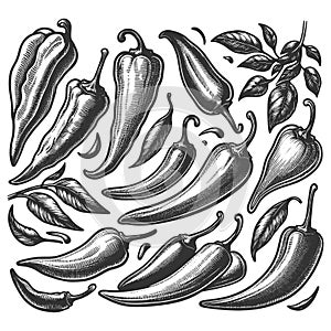 Assorted Chili Peppers sketch raster illustration