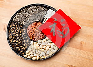 Assorted chinese sytle snack tray and chinese calligraphy, meaning for blessing good luck