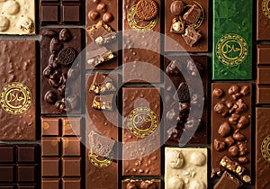 Assorted chocolate bars are arranged in