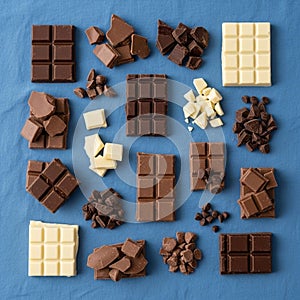 Assorted chocolate bars and pieces arranged on a blue fabric surface