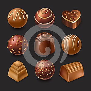 Assorted chocolate candies with different fillings and shapes