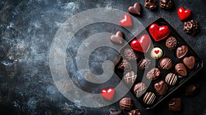 Assorted Chocolate Candies And Red Hearts For Valentines Day photo