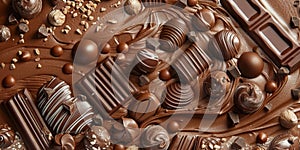 Assorted chocolate confections with nuts on swirled chocolate background. World Chocolate Day photo