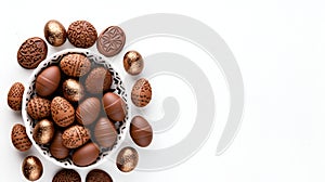 Assorted Chocolate Easter Eggs on Plate with Copy Space on White Background, place for an inscription