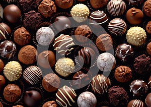 Assorted chocolate pralines, confectionery gourmet dark,white,milk chocolate candies.Macro.AI Generative