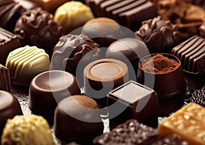 Assorted chocolate pralines, confectionery gourmet dark,white,milk chocolate candies.Macro.AI Generative