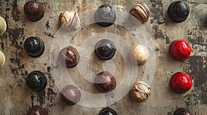 Assorted chocolate truffles on rustic background