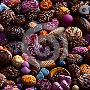 Assorted chocolates background. Chocolate candies. Top view. Generative AI