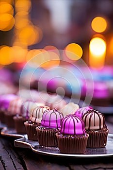 Assorted Chocolates on Bokeh Background - Vertical Composition. Tempting Treats