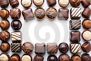 Assorted Chocolates Border on White Background