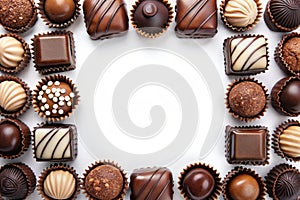 Assorted Chocolates Border on White Background