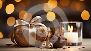 Assorted Chocolates on Candlelit Background, Bokeh, Romantic Gift for Him or Her photo