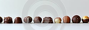 Assorted chocolates display diverse selection of indulgent treats against minimalist background