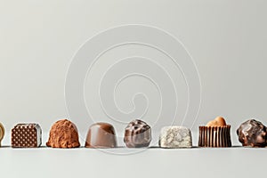 Assorted chocolates display diverse selection of indulgent treats against a minimalist background