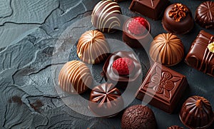 Assorted chocolates with intricate designs on dark background photo