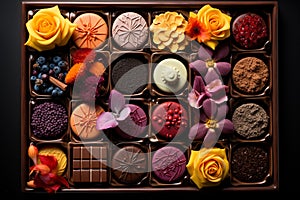 Assorted chocolates and marshmallows on a pink background. Copy space. Chocolate with berries and mint on wooden background