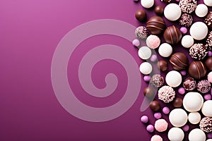 Assorted chocolates and marshmallows on a pink background. Copy space. Chocolate with berries and mint on wooden background