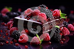 Assorted chocolates and marshmallows on a pink background. Copy space. Chocolate with berries and mint on wooden background