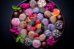Assorted chocolates and marshmallows on a pink background. Copy space. Chocolate with berries and mint on wooden background