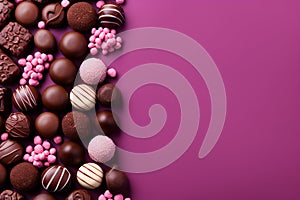 Assorted chocolates and marshmallows on a pink background. Copy space. Chocolate with berries and mint on wooden background