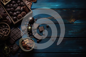 Assorted chocolates with nuts and candies on wooden background. top view, copy space.