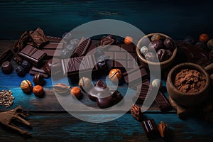 Assorted chocolates with nuts and candies on wooden background. top view, copy space.