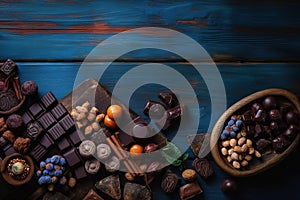 Assorted chocolates with nuts and candies on wooden background. top view, copy space.