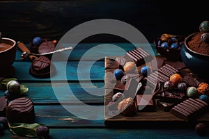 Assorted chocolates with nuts and candies on wooden background. top view, copy space.