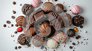 Assorted chocolates and truffles on a white background