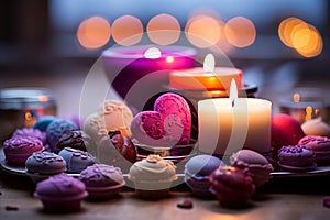 Assorted Chocolates and Valentines Day Candles Creating a Lovely Bokeh