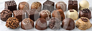 Assorted chocolates in various shapes, sizes, flavors attractively displayed against simple backdrop