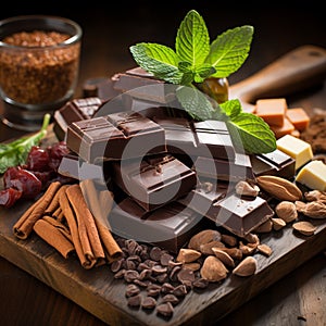 Assorted Chocolates on Wooden Background with Kakao Flavor. Square format photo