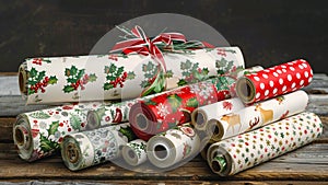 Assorted Christmas wrapping paper rolls with festive patterns