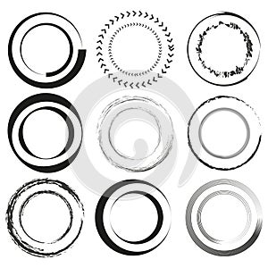 Assorted circular grunge frames. Set of abstract round borders. Decorative circle elements. Vector illustration. EPS 10.