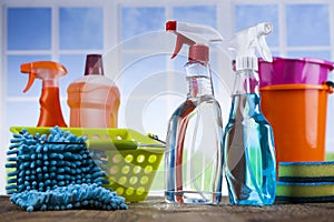 Assorted cleaning products, equipment background