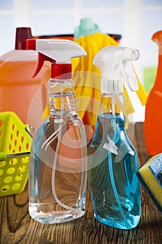 Assorted cleaning products, equipment background