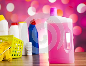 Assorted cleaning products, home work colorful theme